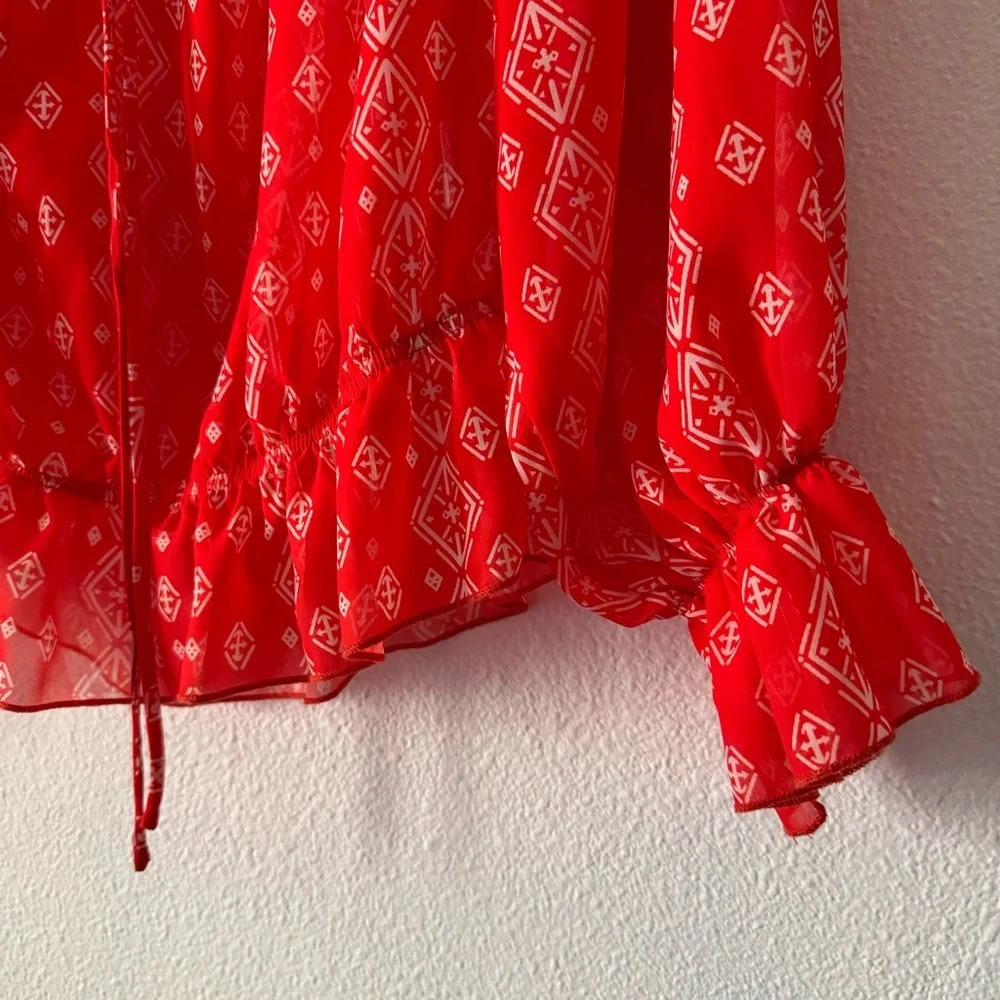Off The Shoulder Long Sleeve Casual Summer Printed Tunic Shirt Blouse Top Red XL - Picture 6 of 11